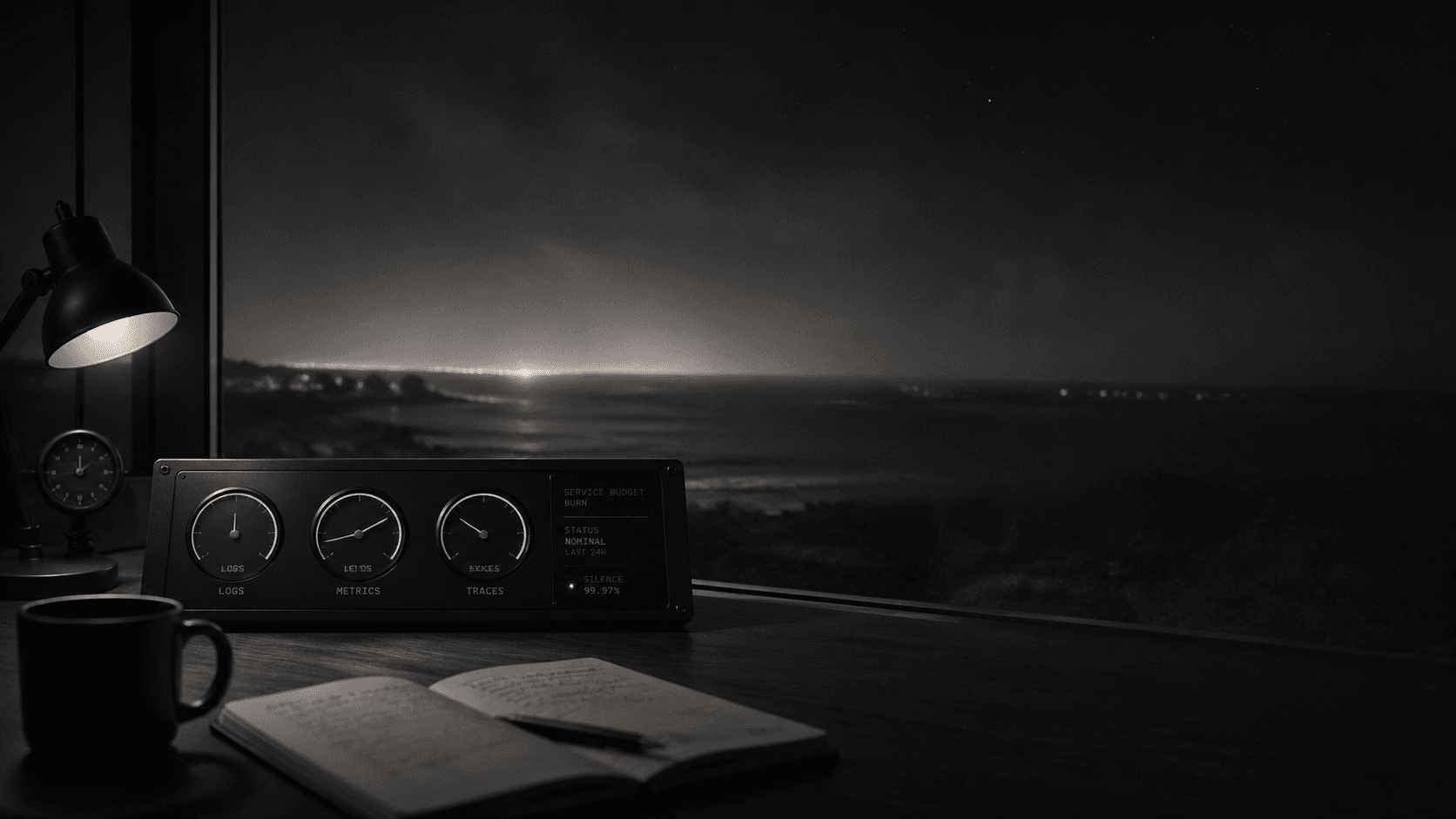 A night desk by the coast: lamp, notebook, and a small console showing every helper proving on schedule